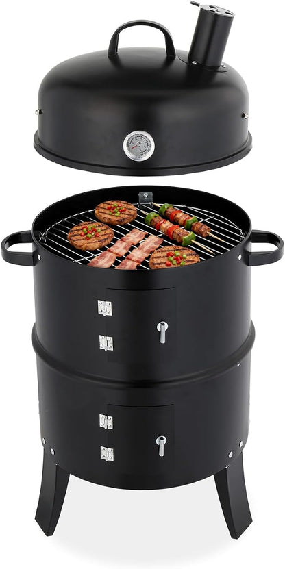 Vertical Charcoal Grill & Smoker for Backyard BBQ, Outdoor Cooking with Chimney and Powder-Coated Iron, Compact Barrel-Style Design, Black