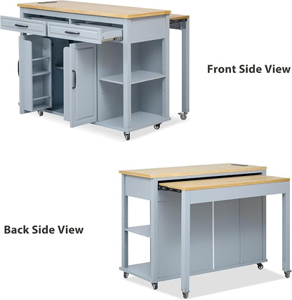 Ball & Cast Kitchen Island with Extendable Dining Table,Rubber Wood Veneer Kitchen Table W/Internal Storage Rack,Power Outlet & USB Ports,Kitchen Cart On Wheels W/2 Drawers & 2 Cabinets,Grey Blue,47"