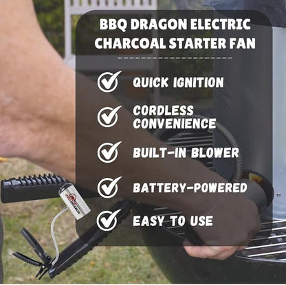 BBQ Dragon Charcoal Starter Fan — Lights Charcoal in 10 Minutes | Cordless Variable Speed Fire Blower for Grills, Smokers, Fire Pits, Fireplaces & Campfires