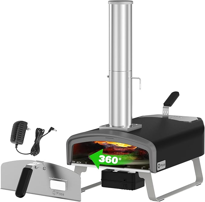 Wood Fire Pizza Oven with Rotatable Stone, Portable Wood/Charcoal Pizza Oven with Chimney and Door, Outdoor Pizza Stove for Backyard, Camping, Picnicking, RV, Tailgating, PS108