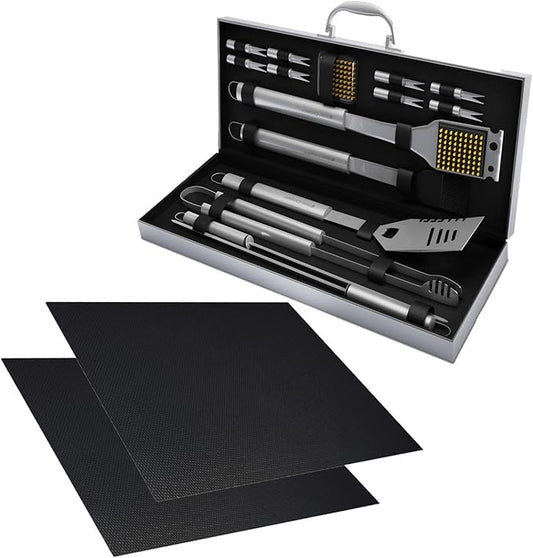 Home-Complete 18-Piece BBQ Grill Set, 16-pc Stainless Steel Barbecue Tools Kit with Aluminum Case and 2-Pack BBQ Grill Mats