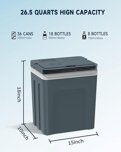 SubSun 27 Quart Electric Cooler and Warmer with Handle, 25L Portable Thermoelectric Fridge for Vehicles & Trucks, 12 Volt Car Fridge Cooler with 12V DC & 110 AC for Camping, Travel & Picnics, Grey