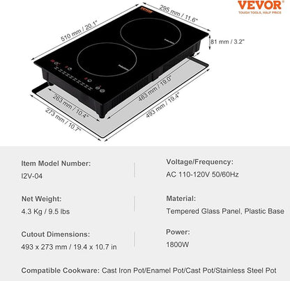VEVOR Electric Cooktop, 2 Burners, 12'' Induction Stove Top, Built-in Magnetic Cooktop 1800W, 9 Heating Level Multifunctional Burner, LED Touch Screen w/Child Lock & Over-Temperature Protection