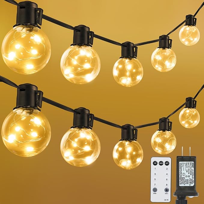 100ft Outdoor String Lights, 40 LED Bulbs Patio Lights with Timer | Warm White Dimmable Remote Hanging Globe Bulb Shatterproof Waterproof for Outside Backyard Balcony Bistro Christmas Decor