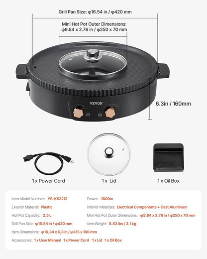 VEVOR Hot Pot with Grill, 1800W 2-in-1 Electric Smokeless Grill and Hot Pot, Korean BBQ Shabu Shabu Hotpot with Separate Dual Temperature Control, Non-stick Pan, for 2-8 People Family Dining