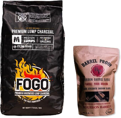 FOGO Premium Hardwood Lump Charcoal, Natural Medium Sized Lump Charcoal 17.6 Pound Bag, and Barrel Proof Bourbon Barrel Blocks, 2 Pound Resealable Bag, Bundle
