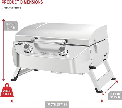Nexgrill Stainless Steel 2-Burner Portable Gas Grill with Locking Lid, Folding Legs, 20,000 BTUs, 251 SQ In Cooking Space, Tabletop Grill for Camping, Outdoor Cooking, Patios, and More - 820-0007GE