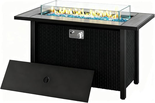 45 Inch Propane Fire Pit Table, 50,000 BTU Outdoor Gas Fire Pit for Patio & Backyard, 2-in-1 Firepit Dining Table with Glass Wind Guard, Blue Glass Rocks & Waterproof Cover