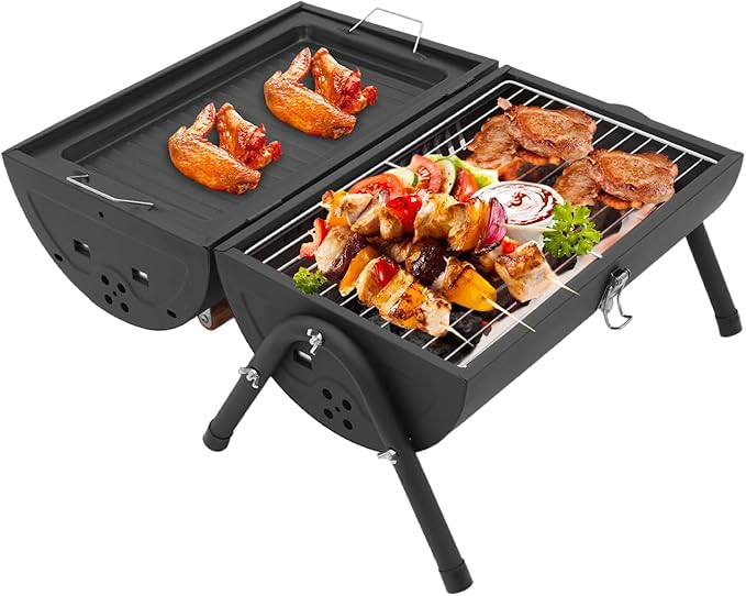 Barbecue Charcoal Barrel Grill, Portable Vertical C-harcoal Smoker G-rill, Outdoor Indoor Hanging BBQ C-harcoal Barrel G-rill with 360° Heated, Built-In Oil and Ash Trays (15.4x16.9in 28 Skewers)