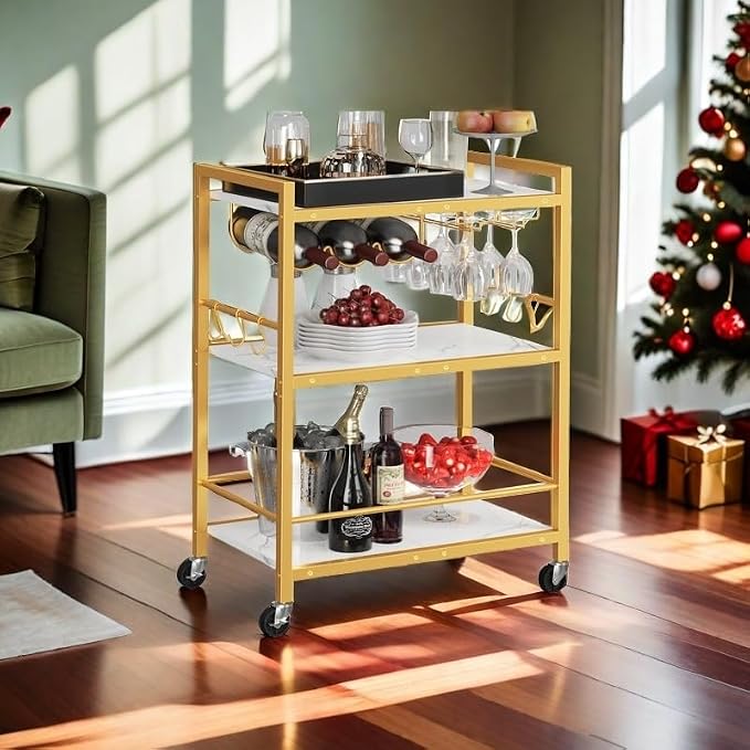 TUTOTAK Bar Cart with Wheels, Drink Cart with Wine Rack and Glass Holder | 3-Tier 23.7 Inch Wide Home Bar Serving Carts, Small Mobile Kitchen Shelf with 6 Hooks, Marble Gold BC01BMG030
