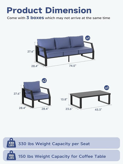 Oversized Modern Outdoor Patio Furniture Set with 5" Thick Cushions, Deep Seats & Wide Armrests, Comfortable Aluminum All-Weather Rustproof UV-Resistant Frame, 5-Seater for Garden, Backyard, Poolside