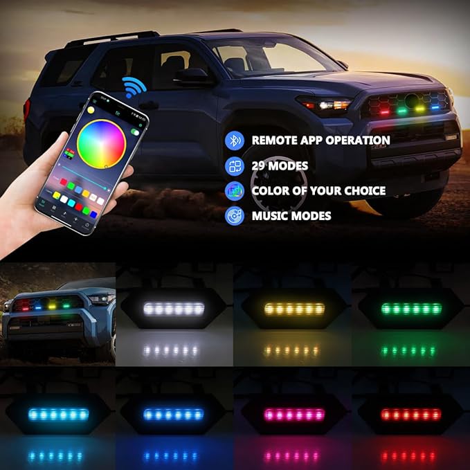 Multicolor LED Grille Lights for Toyota 4Runner TRD Pro 2025-2026, 4Pcs Smoked Lens Front Grill Light Kit for 4Runner Trailhunter