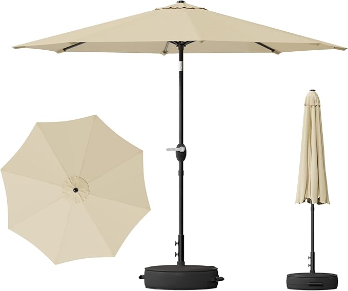 Greesum Outdoor Patio Umbrella with Base, Table Umbrella with 8 Sturdy Ribs, Push Button Tilt and Crank, Market Table Parasol for Garden, Lawn, Backyard & Pool, Beige