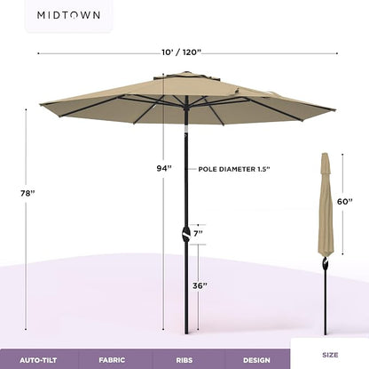 Midtown Umbrellas – The Lean 10 Ft Patio Umbrella with 10-Year-No-Fade Acrylast Acrylic Fabric, Auto-Tilt and 8 Reinforced Ribs for Deck, Pool, Garden, Hotel & Cafes – Sahara Canopy, Black Pole
