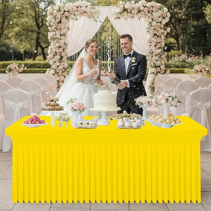 Smiry Spandex Elastic Fitted Table Cloth Skirt for 8FT Rectangle Table | Stretch Washable Table Cloth, Banquet Table Cover for Wedding, Party, Indoor & Trade Shows, (Yellow, 96Lx30Wx30H)