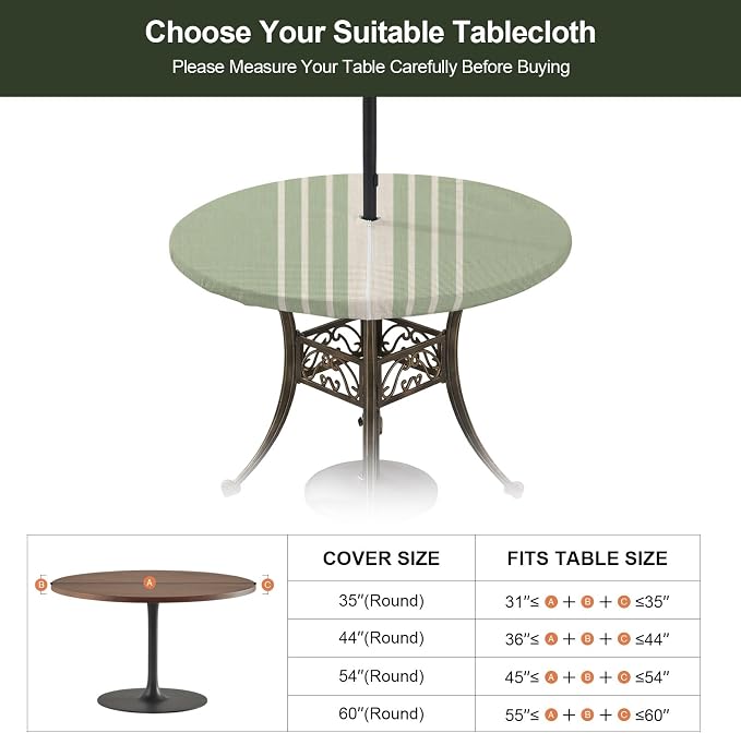 Outdoor Fitted Tablecloth with Umbrella Hole and Zipper, Sage Green Beige Striped Elastic Round Patio Table Cover, Farmhouse Retro Lines Modern Table Protector for Backyard BBQ Party 36''-44''