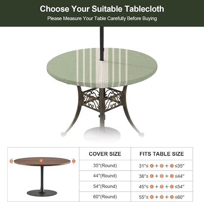 Outdoor Fitted Tablecloth with Umbrella Hole and Zipper, Sage Green Beige Striped Elastic Round Patio Table Cover, Farmhouse Retro Lines Modern Table Protector for Backyard BBQ Party 36''-44''