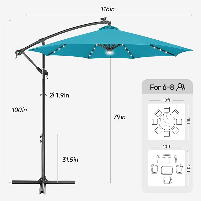 10 ft Solar Patio Umbrella Cantilever with Centre Light, Aqua Blue | 40 LED Lights, UV Protection, Large Offset Patio Umbrella Outdoor for Garden, Deck, Backyard, Pool, Porch, Provides Shade