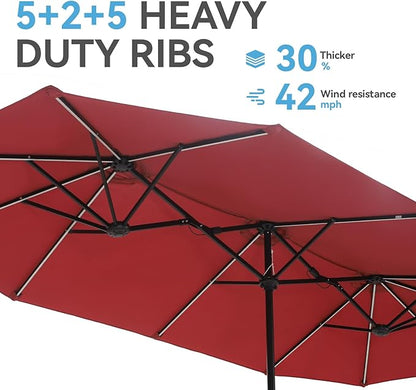 GREEN PARTY 13ft Outdoor Patio Umbrella with Solar Lights, 120 LED 12-Mode Large Double Sided Rectangular Table Umbrella, Heavy Duty Triple-Head Shade for Backyard Deck & Poolside, Burgundy(No Base)