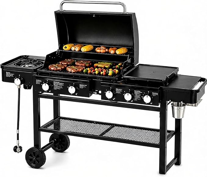 3-in-1 Outdoor BBQ Grill Combo – Gas & Charcoal Grill with Side Burner, Large Cooking Area, Multi-Function Barbecue Grill with Side Shelves & Wheels for Backyard, Patio & Party