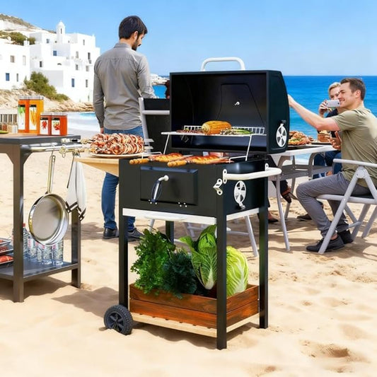Black Outdoor Portable Charcoal BBQ Grill – Folding Side Table, Wheels, Thermometer for Camping