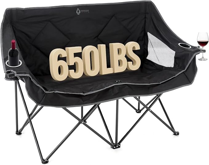 ARROWHEAD OUTDOOR Portable Folding Double Duo Camping Chair Loveseat | 2 Cup and Wine Glass Holder, Carrying Bag, Supports up to 650lbs, Beach, Tailgating, Fishing, Patio, Hunting, Backyard