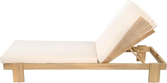Christopher Knight Home Duska Acacia Wood Chaise Lounge Chair Outdoor, Patio Outdoor Chaise Lounge with Cushions, Adjustable Backrest Single Lounge Sofa, Poolside Seating, Teak+Beige