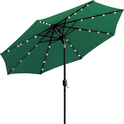 Sun-Ray 9' Round Patio Umbrella with 32 Solar Powered LED Lights, Push-Button Tilt and Hand Crank Lift, Solar Umbrella in Hunter Green for Porch, Deck, and Patio