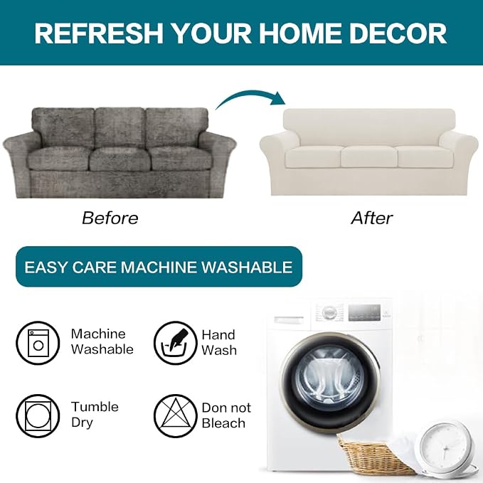 Turquoize 4 Piece Sofa Covers for 3 Cushion Couch Sofa Slipcover Soft Couch Cover for Dogs-Washable Sofa Furniture Covers with 3 Individual Large Cushion Covers (XL Sofa, Cream)