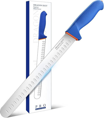 DRAGON RIOT Carving Knife 10 Inch, Brisket Slicing Knife, Ultra Sharp Straight Edge Meat Knife, German 1.4116 Stainless Steel, Professional Slicer for Beef, Turkey & BBQ, Non-Slip Blue Handle