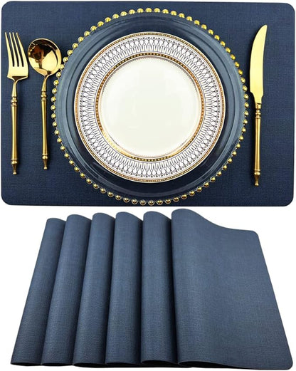 WAZAIGUR Waterproof Easy to Clean Non-Slip Heat Resistant Thick Faux Leather Placemats for Dining Table (Dark Blue, 6)