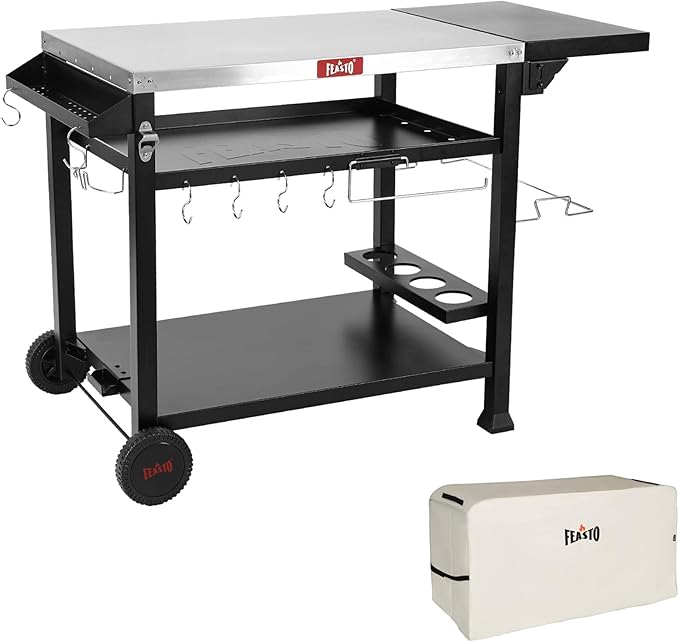 Feasto Outdoor Grill Table Cart, Pizza Oven Stand for Outdoor Indoor, 50" x 22" Stainless Steel Tabletop Dining BBQ Grill with Wheels for Food Prep, 3-Shelf Kitchen Cart with Cover