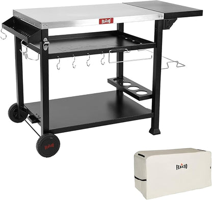 Feasto Outdoor Grill Table Cart, Pizza Oven Stand for Outdoor Indoor, 50" x 22" Stainless Steel Tabletop Dining BBQ Grill with Wheels for Food Prep, 3-Shelf Kitchen Cart with Cover
