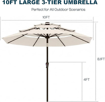 10ft Patio Umbrella, 3 Tier Outdoor Market Table Umbrellas with 8 Fiberglass Ribs and Push Button Tilt, Windproof, Vented Canopy, UV Protection for Deck, Pool, Backyard