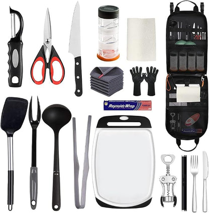 Camp Kitchen Organizer, High Capacity Camping Cooking Utensils Bag, with Hanging Hooks and Paper Towel Holder, Multi-pocket Waterproof Portable Storage for BBQ Outdoor Cooking Essentials