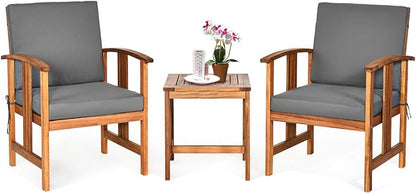 Tangkula 3 Pieces Patio Furniture Set, Includes Set of 2 Outdoor Acacia Wood Cushioned Chairs and Coffee Table, for Garden, Backyard, Poolside, Bistro and Deck, Patio Conversation Chat Set (Gray)