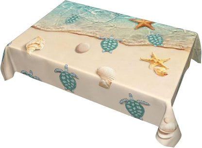Sea Turtles Beach Table Cloths for Parties Dining Room Kitchen Wedding Indoor Outdoor Decoration Reusable Washable Teal Nautical Decorative Tablecloth, Rectangle 54"x72"