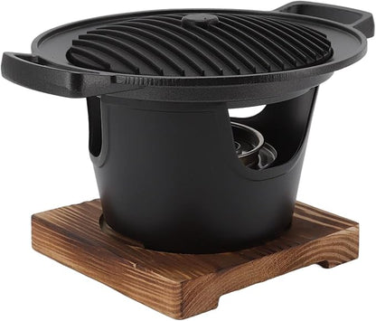 Hibachi Grill,Small Table Top Portable Grill Smokeless Wooden Frame Aluminium Alloy Easy Assembly Korean BBQ Charcoal Grill with Wooden Base for Indoor and Outdoor Parties