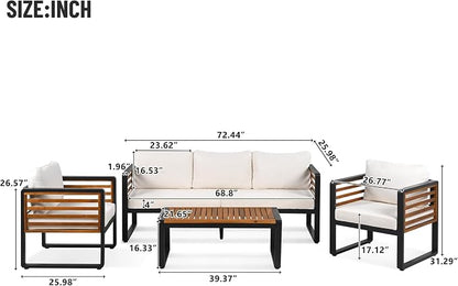 4-Pieces Outdoor Patio Sectional Sofa Set with Coffee Table, All-Weather 5 Person Conversation Set with Thick Cushions and Pillows for Garden Backyard Balcony, Acacia Wood Tabletop (Beige-N74)