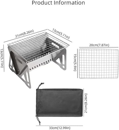 WINB Portable Folding BBQ Grill with Carry Bag for 1-2 People - Mini Charcoal Grill for Camping, Compact Stainless Steel Fire Pit, Outdoor Grill for Backyard, Hiking & Picnic (8.2X5.5 IN)