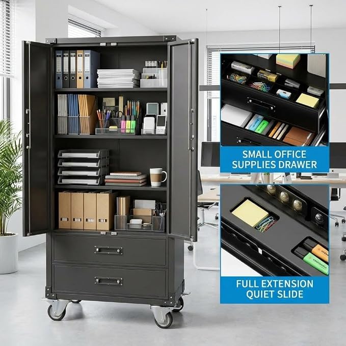71" Heavy-Duty Metal File Cabinet with Lockable Drawers & Doors, Adjustable Shelves for Letter/Legal/F4/A4 Size, Easy Assembly for Home Office Garage Storage Cabinet, Black