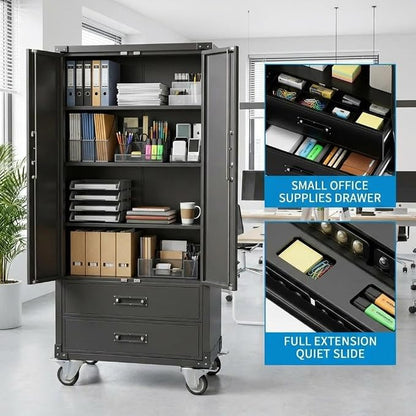 71" Heavy-Duty Metal File Cabinet with Lockable Drawers & Doors, Adjustable Shelves for Letter/Legal/F4/A4 Size, Easy Assembly for Home Office Garage Storage Cabinet, Black