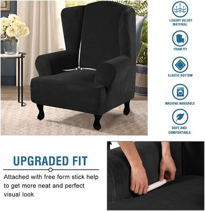H.VERSAILTEX Wingback Chair Covers Velvet Plush Wing Chair Slipcover 1 Piece High Stretch Wing Back Chair Slipcovers Sofa Cover Furniture Cover with Elastic Bottom, Black