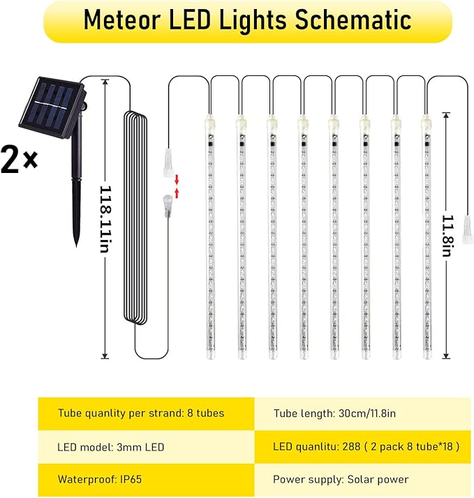 JMEXSUSS 2 Pack Solar Meteor Shower Lights, 16 Tube 288 LED Warm White Meteor Christmas Lights, Solar Powered Waterproof for Outdoor Tree Decorations