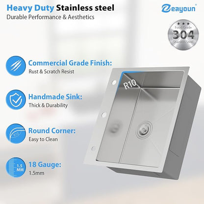 25 Inch Drop In Kitchen Sink 25 x 22 Kitchen Sink 18 Gauge Stainless Steel Single Bowl Topmount Handmade Sink, 25x22x8