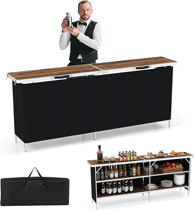 Giantex 81" Extra Long Portable Bar Table with 2-Tier Storage Shelves, Folding Mobile Bartending Station with Removable Skirt, Carry Case, for Events, Parties, Trade Shows (Coffee, 81''L x 32.5''H)