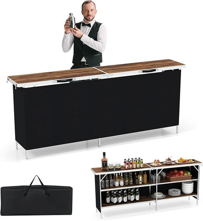 Giantex 81" Extra Long Portable Bar Table with 2-Tier Storage Shelves, Folding Mobile Bartending Station with Removable Skirt, Carry Case, for Events, Parties, Trade Shows (Coffee, 81''L x 32.5''H)