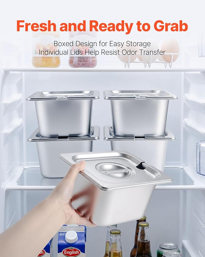 VEVOR Countertop Food Serving Display Container, Stainless Steel Food Salad Server Tray, Buffet Condiment Dispenser, Ice Cooled Rack with Separate Lid, for Restaurant, Hotel, Party (6x1/6 Pan)