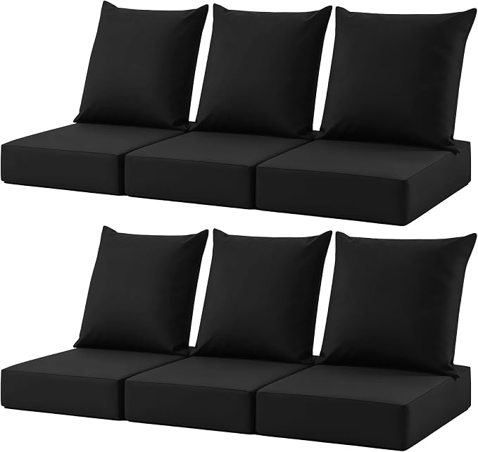 Patio Cushions for Outdoor Furniture, 24x24 Outdoor Couch Cushions, Waterproof & Fade-Resistant Patio Chair Cushions with Removable Cover, Replacement Outdoor Deep Seat Cushion, Black (Set of 6)
