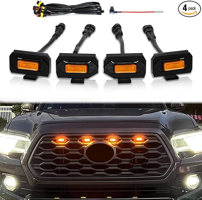 Amber LED Grille Lights For Toyota Tacoma TRD Off Road and TRD Sport 2020-2022, 4Pcs OEM Front Grill Light Kit with Wire Harness And Fuse